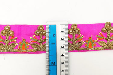 Fuchsia Pink Art Silk Trim In Orange And Gold Embroidery, Approx. 35mm wide, Decorative Trim